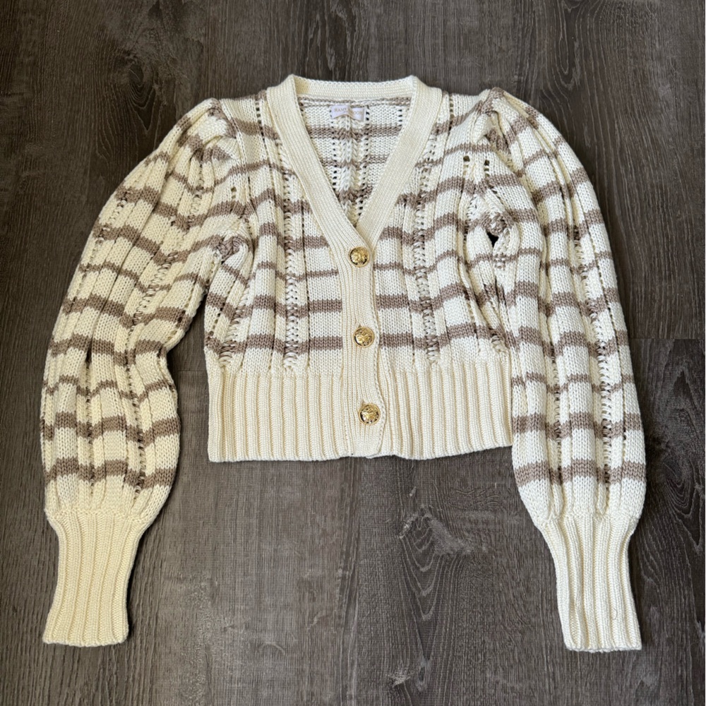 Ramy Brook Cream and Taupe Striped Knit Cardigan